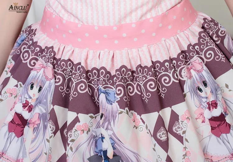 Ainclu Women's Pink Polyester Sweet Cute Rose Strap Princess Printing Lolita Dress