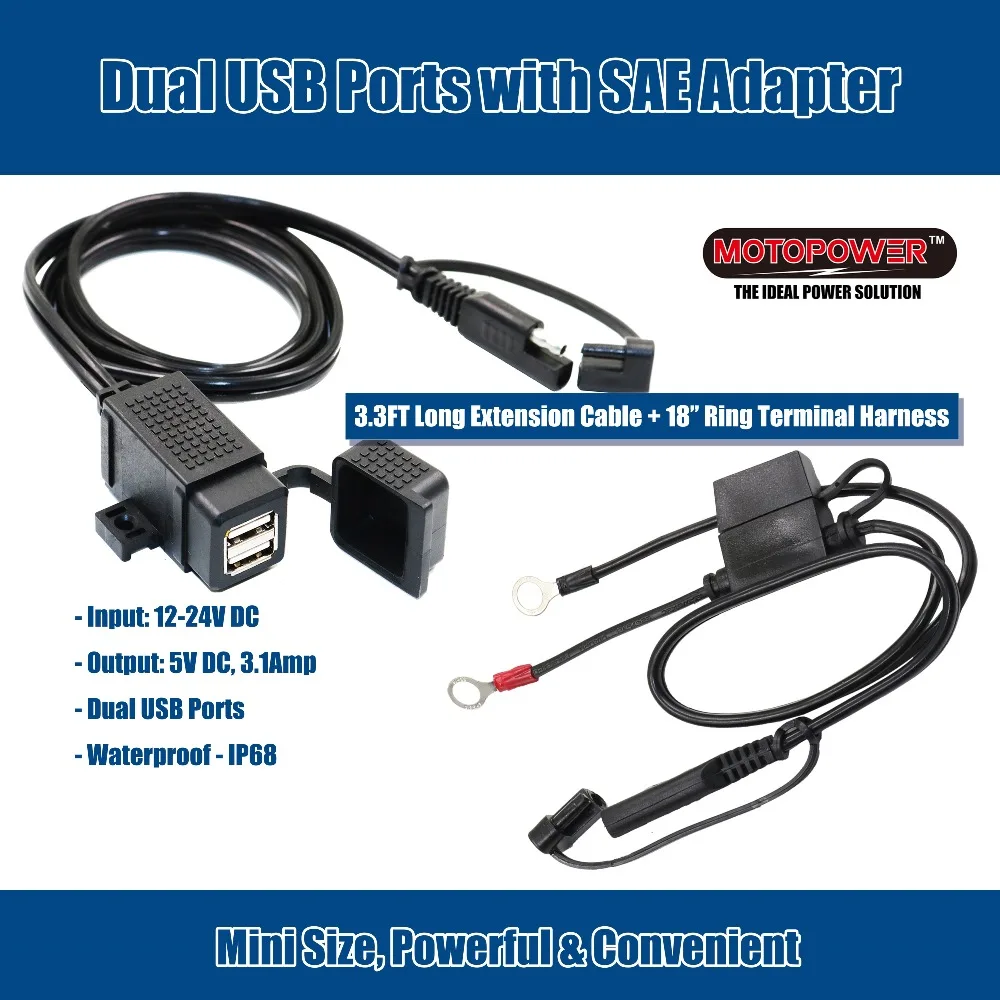 MOTOPOWER MP0609EA 3.1Amp Waterproof Motorcycle Dual USB Charger Kit SAE to USB Adapter PLUS with SAE to Ring Terminal Harness