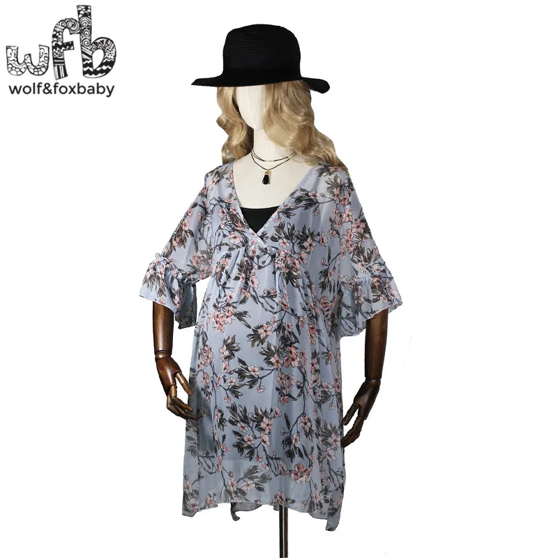 

Retail Pregnant women Large size dress printing flower chiffon short-sleeve V-neck summer