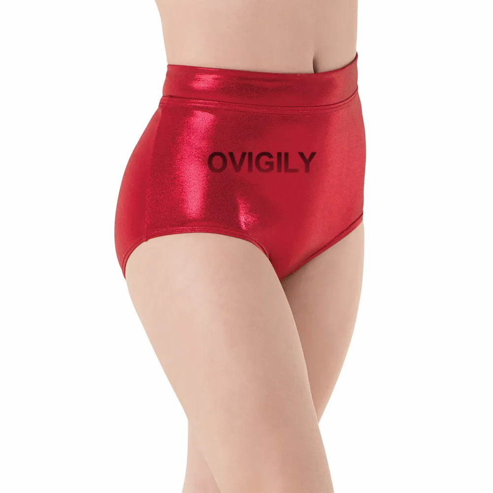 OVIGILY Girls Mid Waist Shiny Metallic Ballet Dance Shorts Women Booty Workout Shorts Stage Performance Show Bottoms