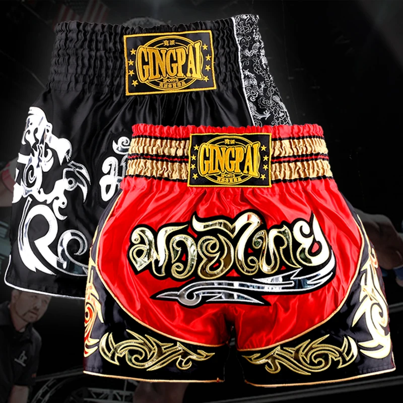 Mens Sanda boxing Shorts MMA Fight trunks breeches Martial Arts Seen Pants Muay Thai Shorts Black Red Short Trunks