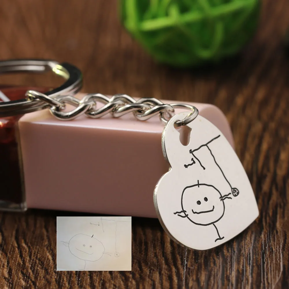 

Solid Silver Keychain Silver Heart Shape Pendant Customized Pattern Keychain for Mother Father Christmas gift