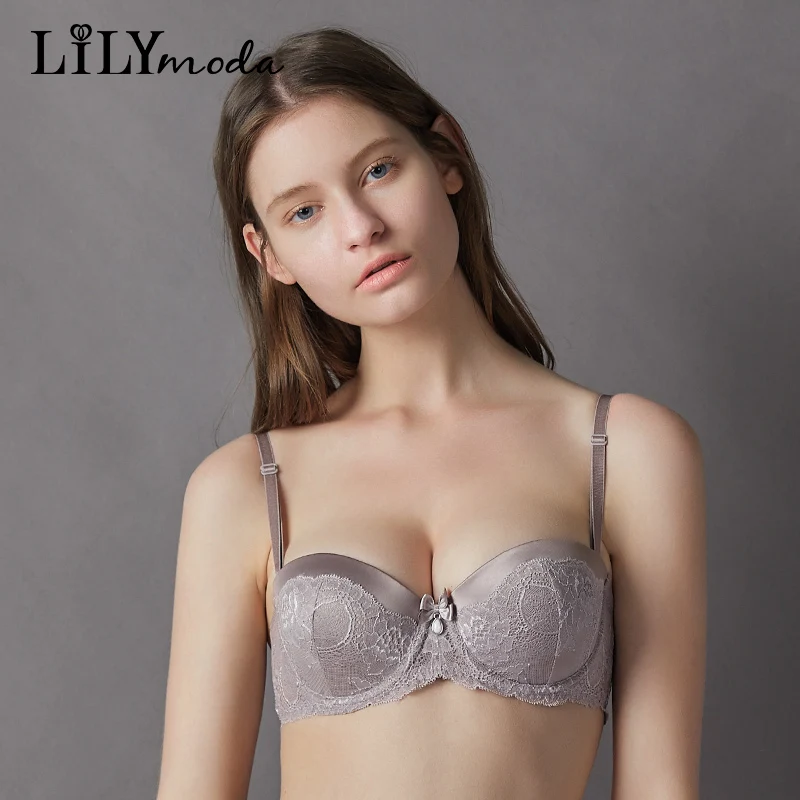 

Lilymoda 2018 Sexy Hot Bra Red Women Ladies Lace Strapless Brassiere Half Cup Push Up Pearl Decoration Female Lingerie Underwear