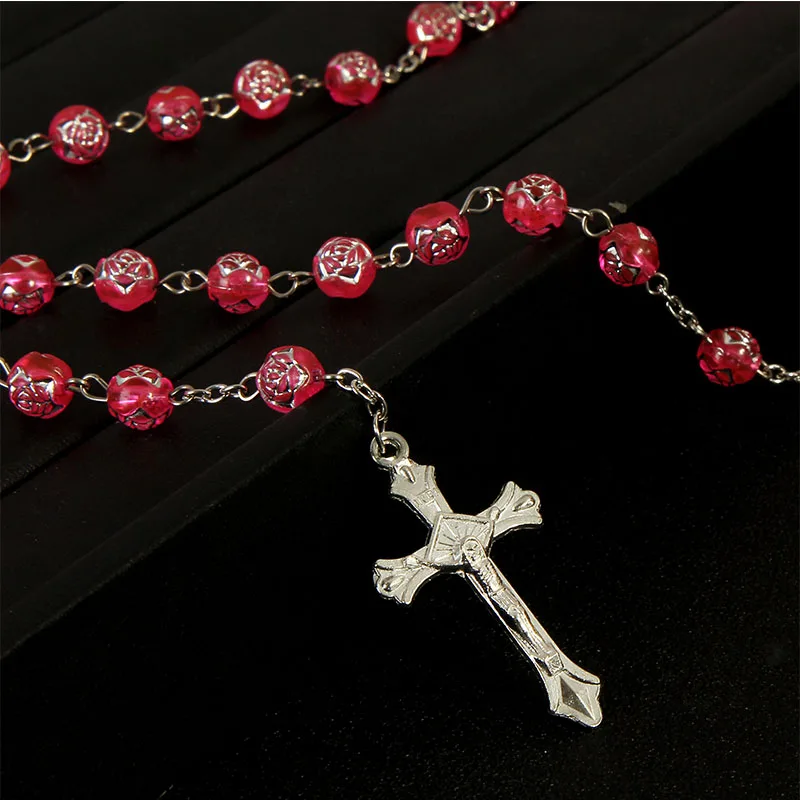 8mm Plastic Rose Bead Cross Necklace Rose Bead Handmade Necklace Cross, Prayer by Jewelry Center Catholic Religious Jewelry