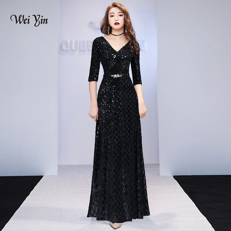 Customized Formal Evening Dresses V Neck Long Black Sequin Wedding-Guest Party 2019 Maxi Evening Gown Dress WY1310