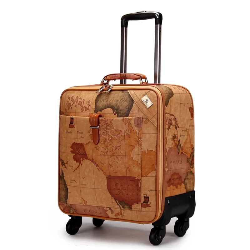 Retro map 16/18/20/22/24 size 100% PU Rolling Luggage Spinner brand Travel Suitcase with padlock women trolley luggage