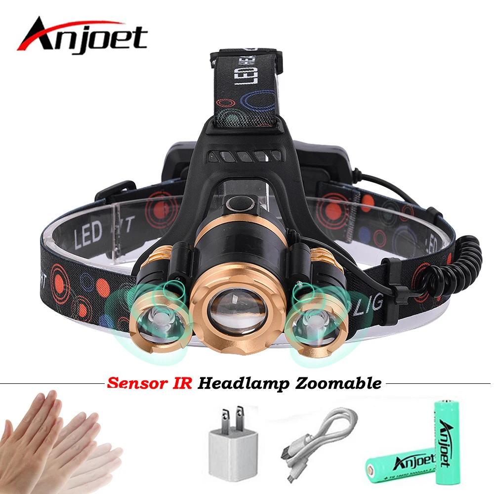 

Anjoet LED Headlamp Zoomable 10000Lm T6 Flashlight Torch Sensor IR Rechargeable Light Forehead Lamp Head Fishing Headlight 18650