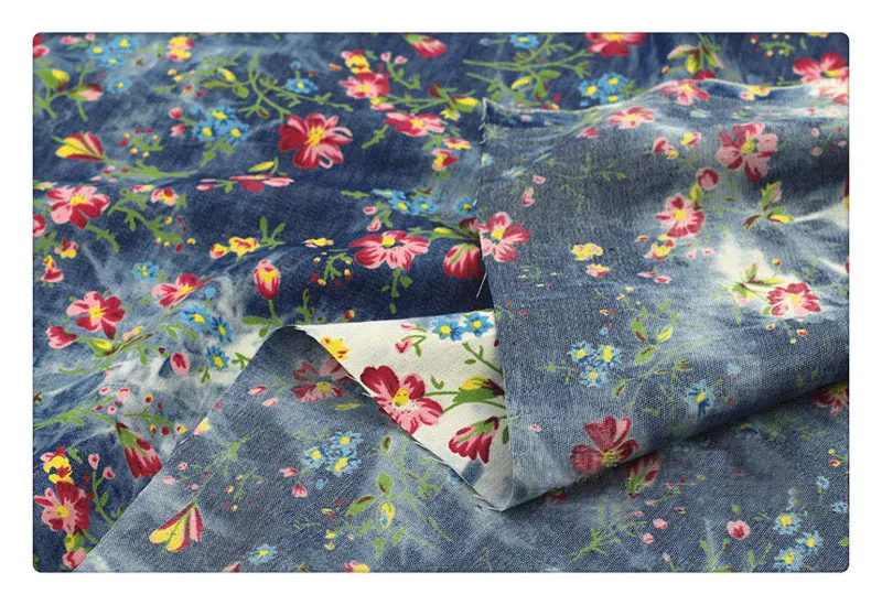 145*50cm 1pc Fasion Denim tkaniny 100% bawełna Denim tkaniny kwiatowy Print cienki dżins tkaniny materiał do szycia Diy kobiety dziewczyna sukienka