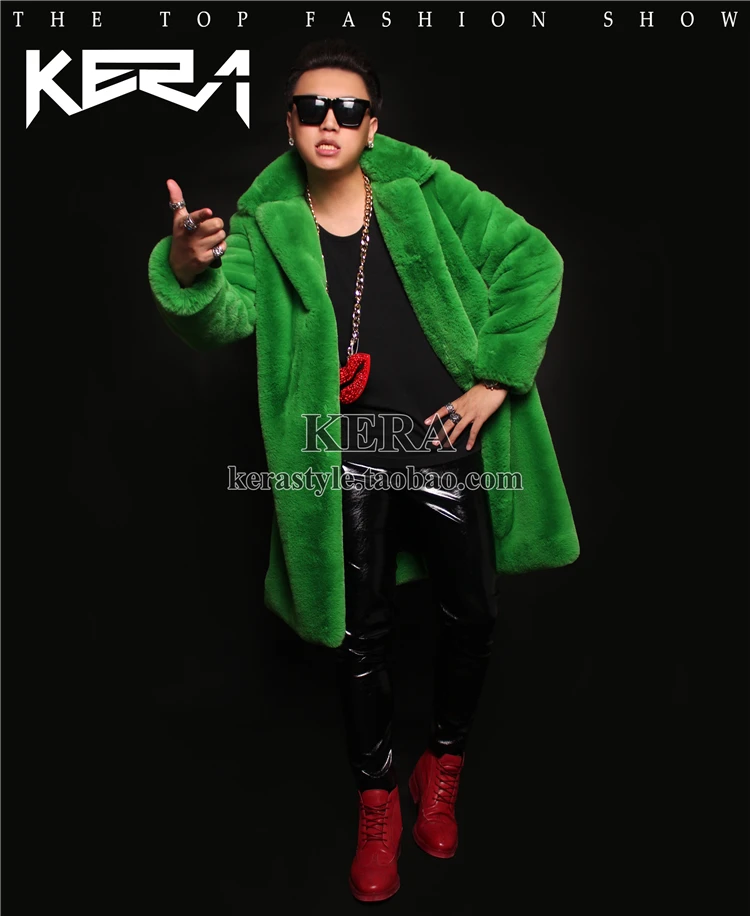 Winter New Men\'s Fashion Beyonce Green Long Fur Coat Performance Clothing Women Plus Size Singer Outerwear Bar Male Costumes