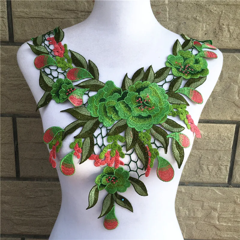1pc Green/Red Flower Embroidery Applique Pacthes Lace Fabric Neckline Collar Motif Scrapbooking Diy Clothes Sewing