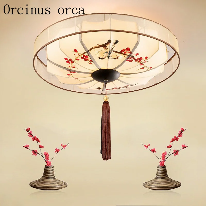 New Chinese style hand-painted flowers and birds ceiling lamp hotel teahouse bedroom study round archaize fabric ceiling lamp