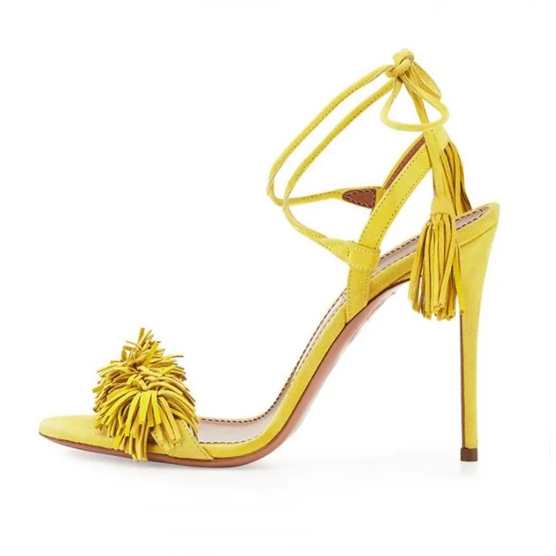 New Colors Yellow Tassel Fringe Suede Women Sandals Lace Up Ankle Strappy High Heels Sandals Woman Prom Dress Shoes 2018