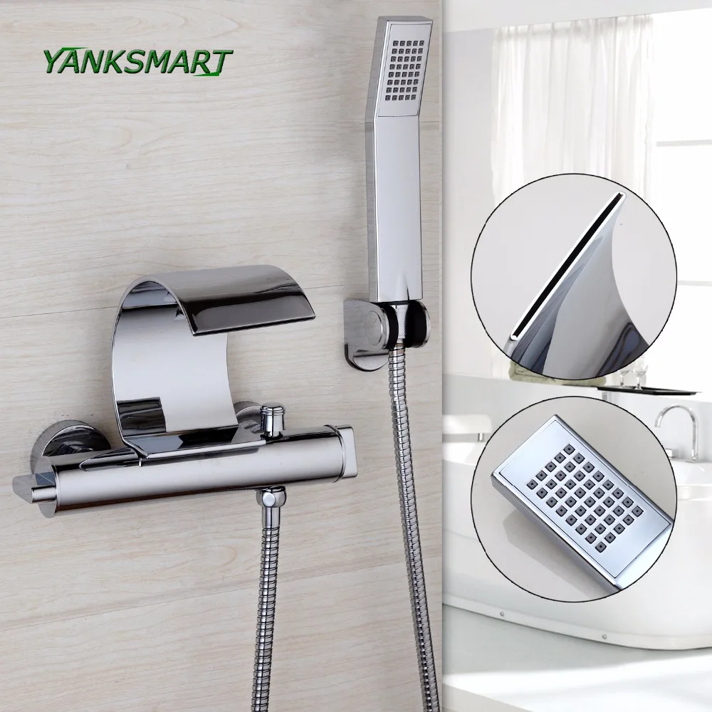 

YANKSMART bathroom bathtub wall mount chrome polished solid brass waterfall spout w/ hand sprayer faucet set