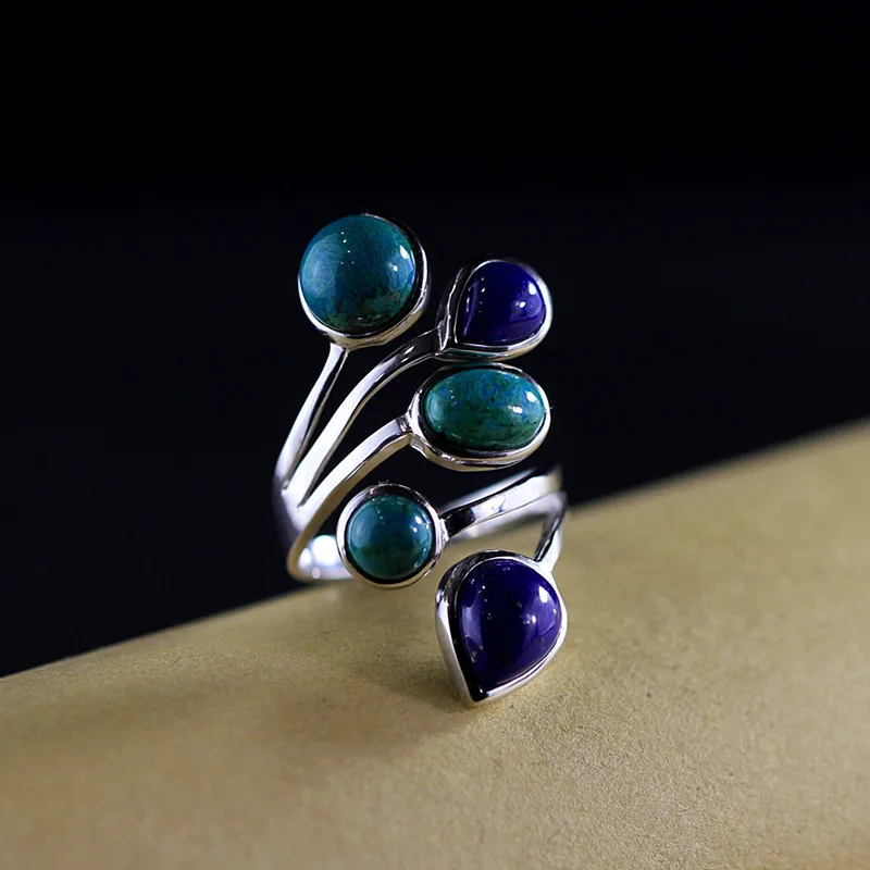 BOCAI New S925 Silver Jewelry Fashion Elegant Lady Phoenix Stone Collocation Lapis Ring