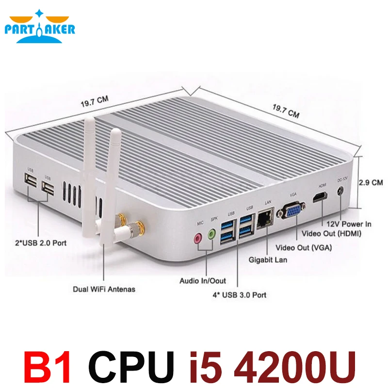 Lüfterloser Barebone i5 Mini-PC Win10 3 Jahre Garantie Nuc Computer Intel Core i5 4200U 4K HTPC TV-Box DHL-freies Verschiffen