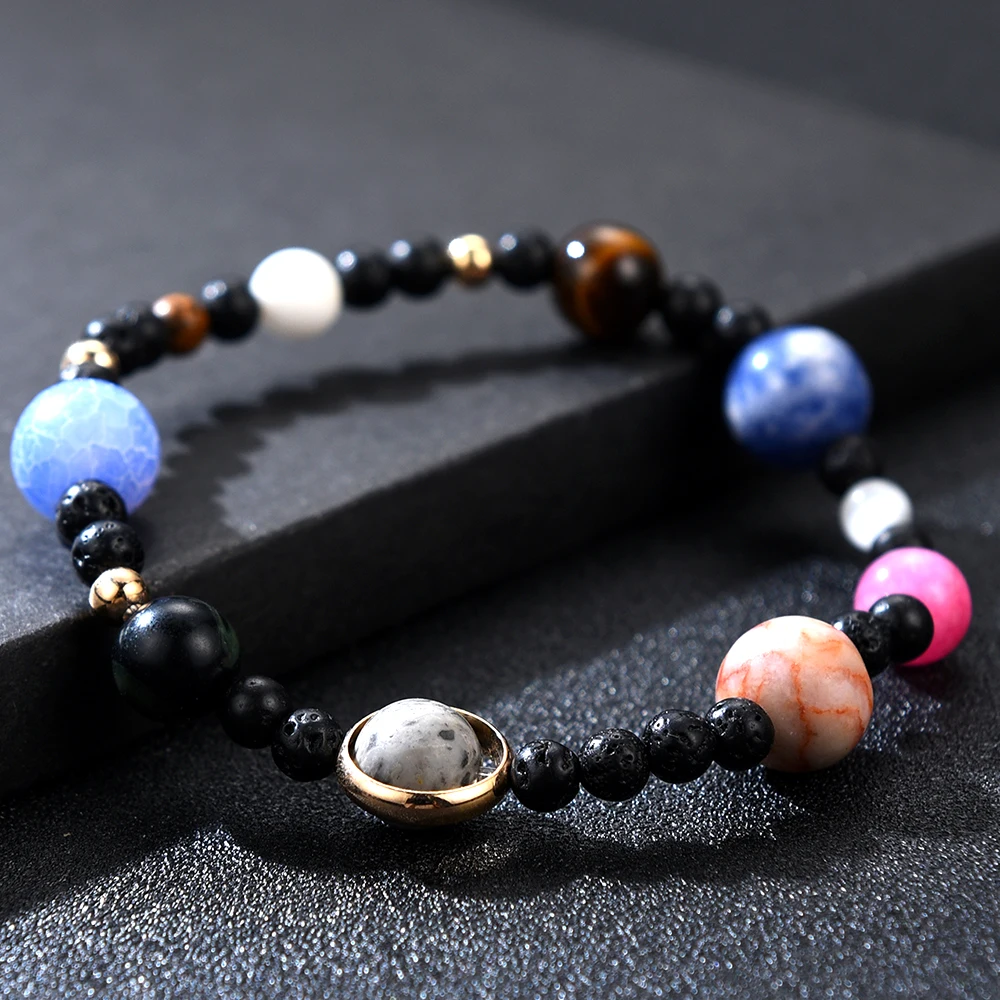 Charm Solar System 9 Planets Universe Stars Men Natural Stones Beaded Galaxy Strand Bracelets For Women Saturn Pluto Earth Moon