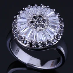 Glaring Round Black Cubic Zirconia White CZ Silver Plated Ring V0482