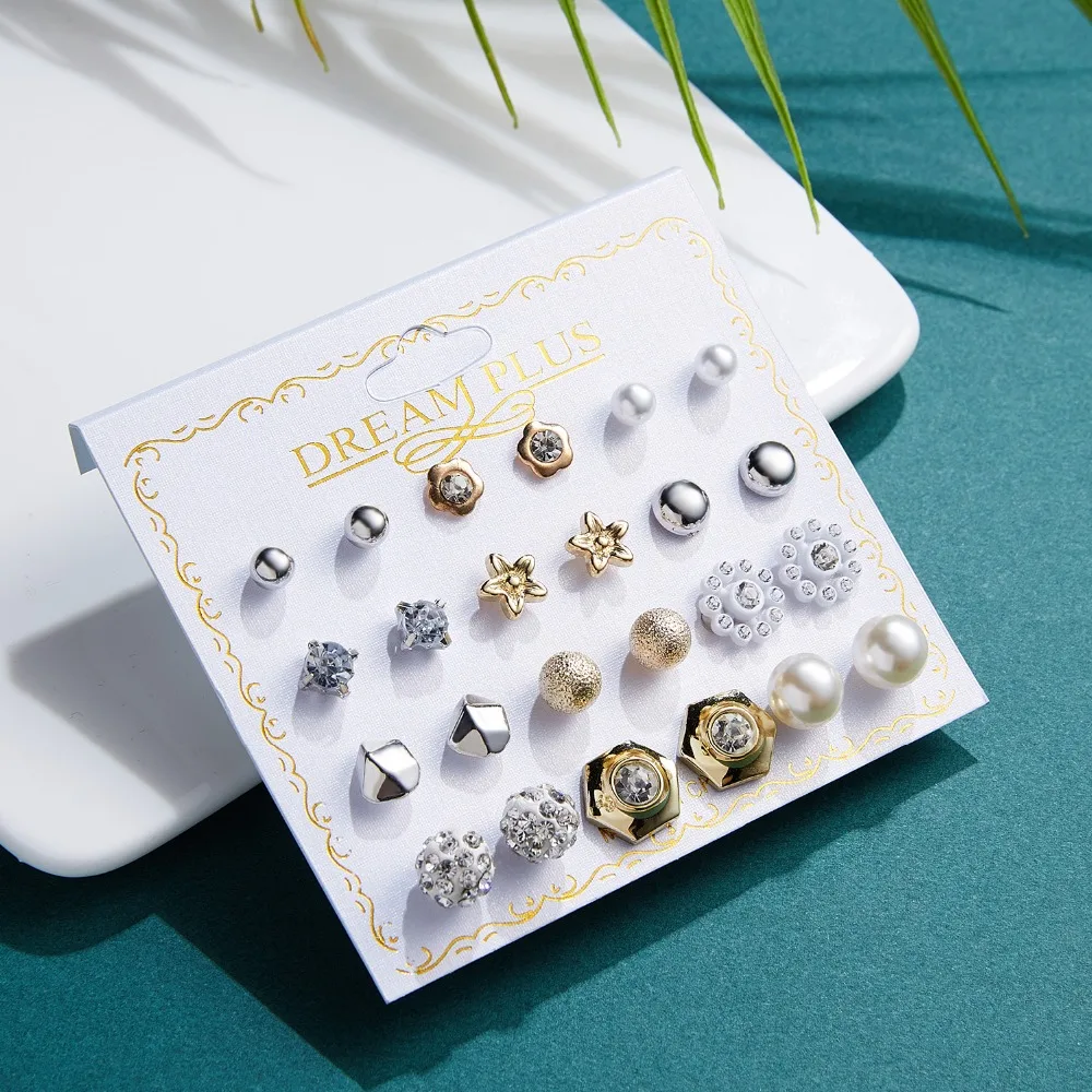 Rinhoo 12 pair/set Zircon Round Ball Imitation Pearls Stud Earring Sets Flower Classic Women Metal Girl Gift Mix Jewelry Earring