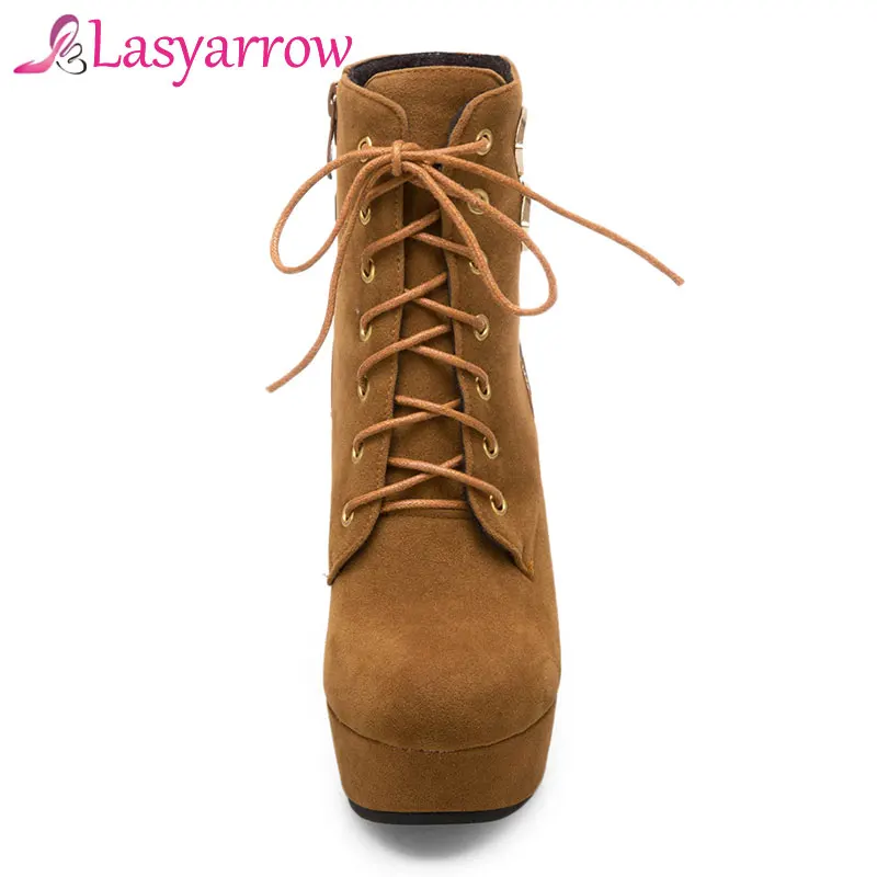 Lasyarrow Plus Size Ankle Boots Women Platform High Heels Lace Up Buckle Shoes Thick Heel Short Boot Ladies Zipper Footwear F739