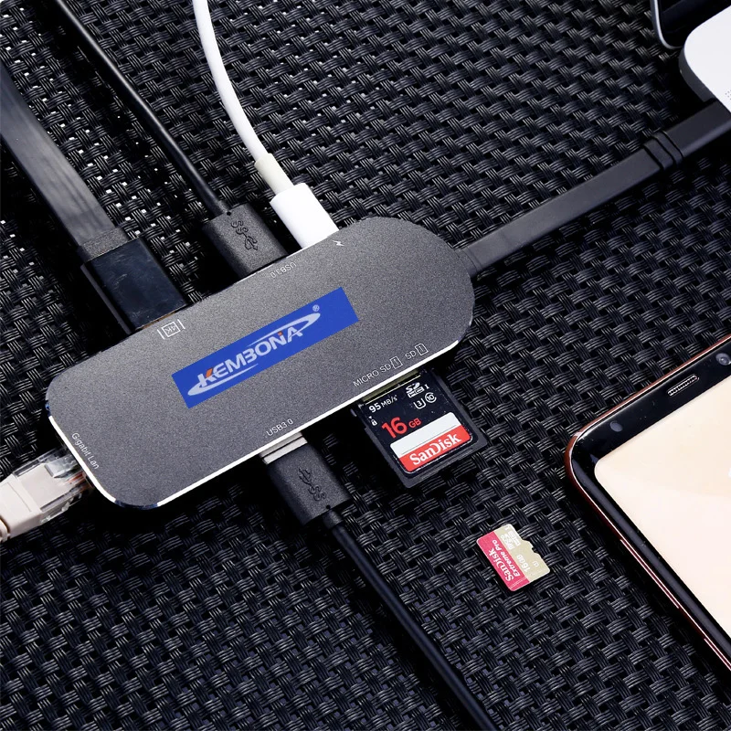 

KEMBONA Type-C Hub 7 in 1 USB C Hub with 1*HDMI 1*RJ45 2*USB 3.0 SD/TF Card slots and a Charging port For Macbook and others