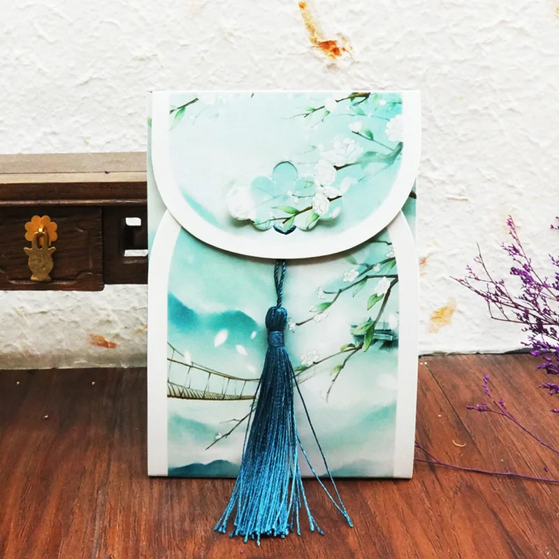 16 Sheets/Set Chinese Ancient Landscape Series Postcard with Tassel DIY Hand-painted Greeting Message Cards Student Gift