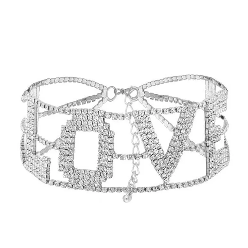 Romantic love Rhinestone Chain Choker Necklace For Women Chunky Crystal Chain Choker Collar Fashion Bridal Jewelry Colliers