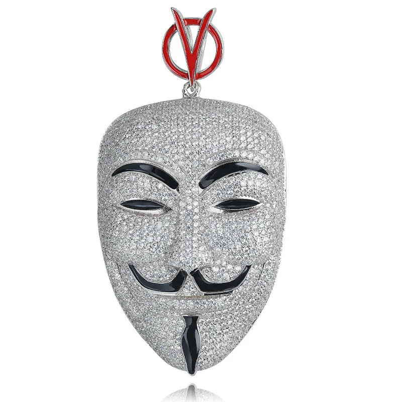 Hip Hop Micro Paved AAA CZ Stone Bling Ice Out V for Vendetta Mask Pendants Necklace for Men Rapper Jewelry Drop Shipping