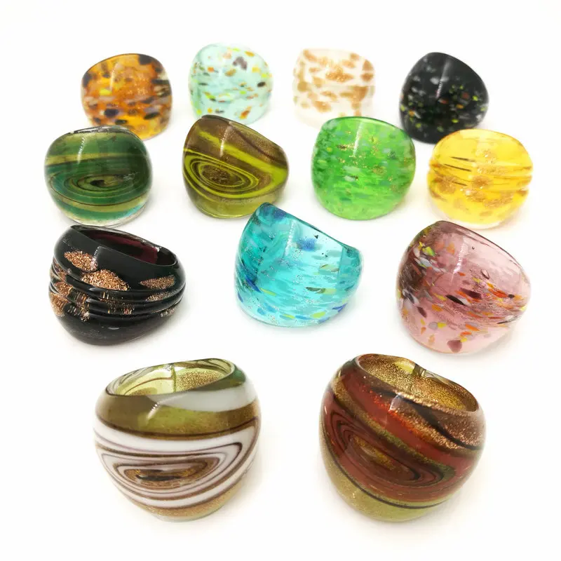 13 PCS Randomly Mixed With Coloured Glaze Murano Hot Gold Foil Color Rings More 17-19 MM