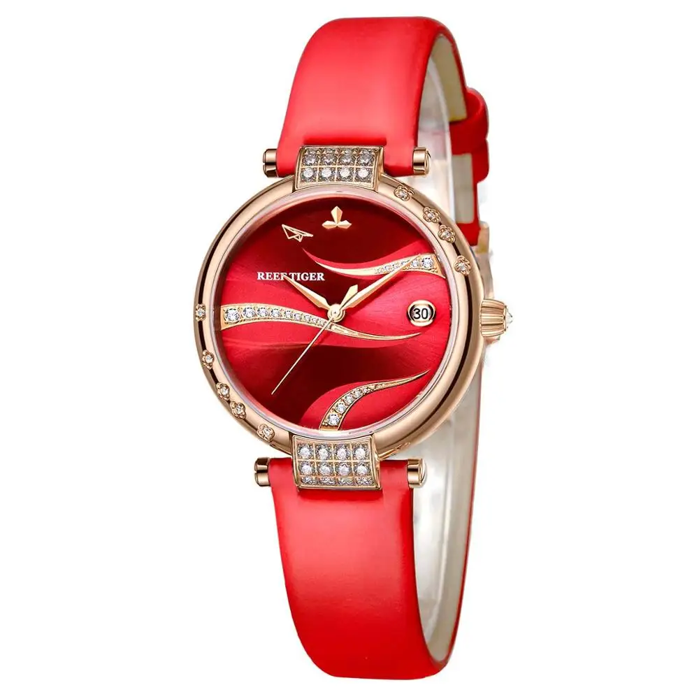 Récif Tiger – montre étanche automatique pour femme, boîtier en or Rose, avec diamants en acier inoxydable, cadran rouge, RGA1589