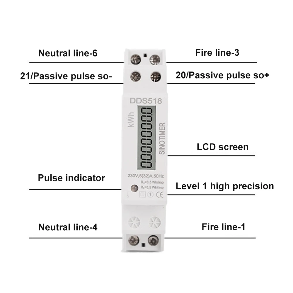 DDS518/6619 wattmetro monofase DIN Rail kwh Meter 230V consumo contatore elettrico 1P LCD 5(32)A 2.5(30)A 5(60)A kwh