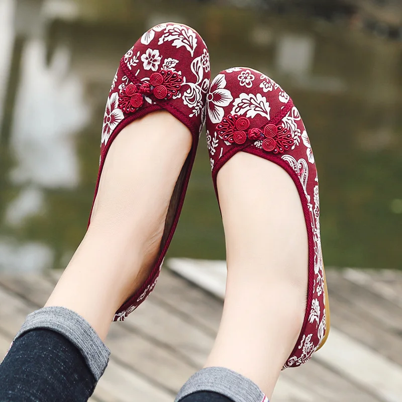 Veowalk Chinese Knot Women Floral Fabric Ballet Flats Spring Summer Vintage Ladies Comfort Slip on Canvas Ballerinas Shoes