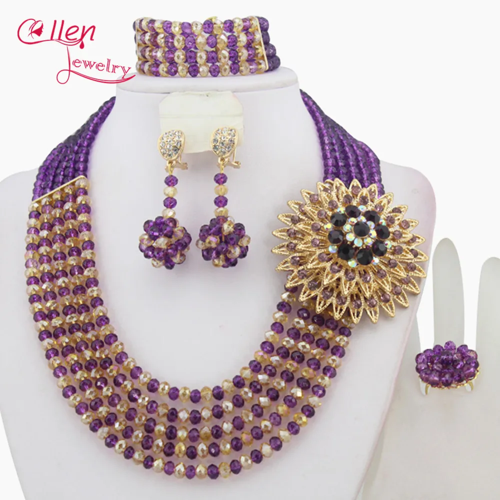 Purple African Beads Jewelry Set Crystal Beads Necklace Set nigerian wedding bridal jewelry set dubai necklace women  W7115