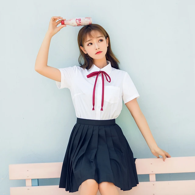 韓国の女の子の制服,jkネイビーブルーのスカート,女性のための日本の制服,半袖の白いシャツとネイビーブルーのスカート - AliExpress