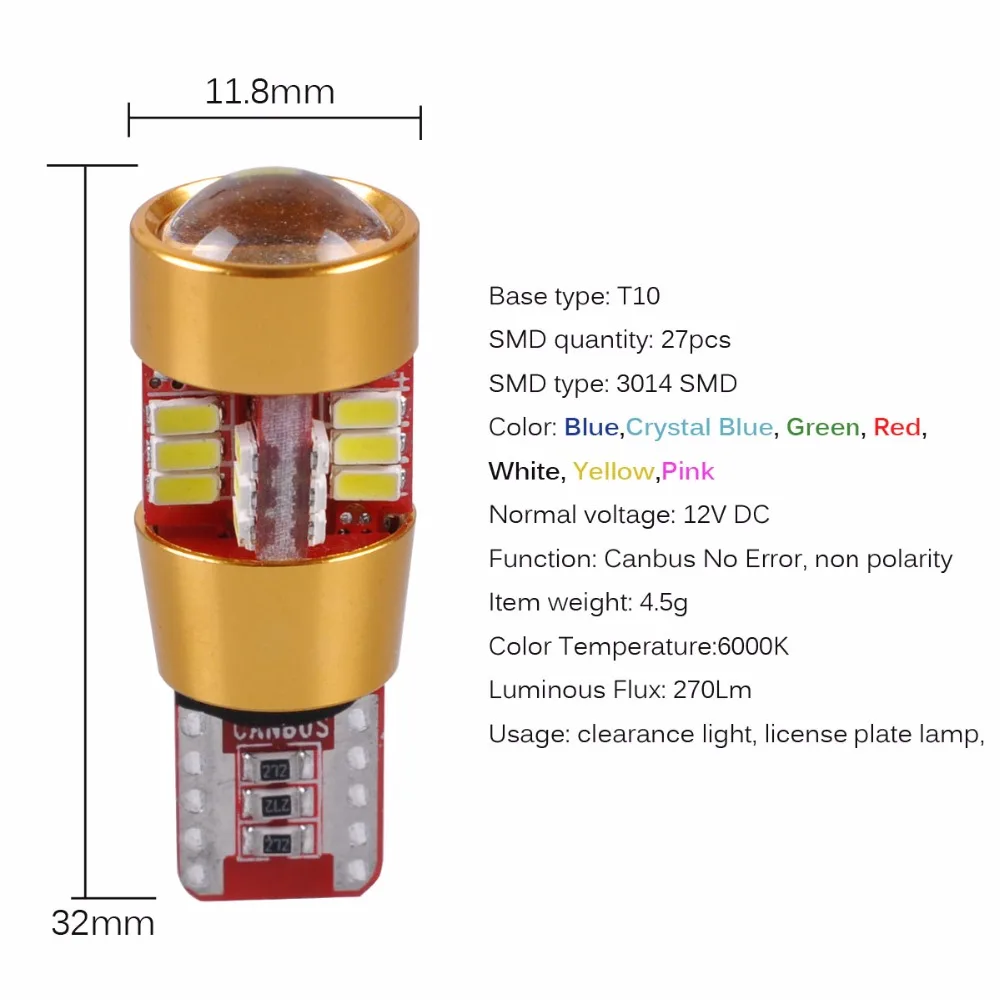 AutoEC 50X New 6 colors T10 Canbus W5W 194 No error Nonpolarity 27 SMD 3014 LED W5W Wedge Light White Ice Blue Pink 12V #LB188
