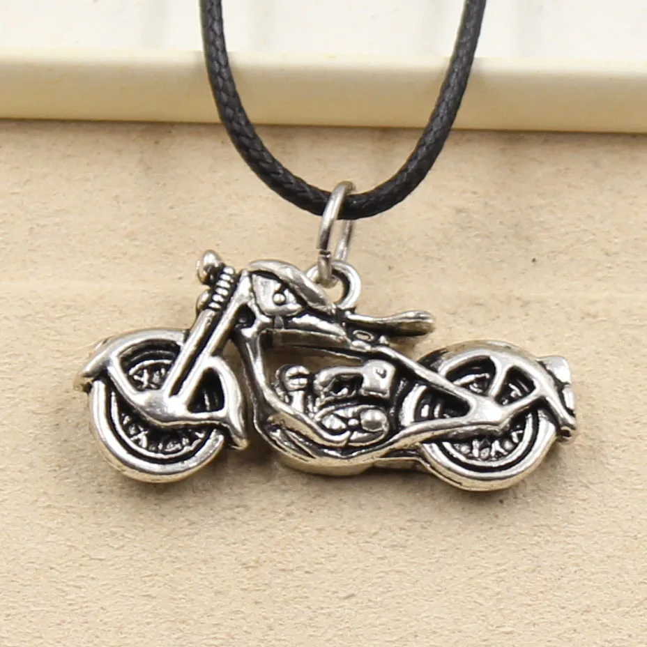 New Fashion Tibetan Silver Color Pendant Motorcycle Necklace Choker Charm Black Leather Cord Factory Price Handmade Jewelry