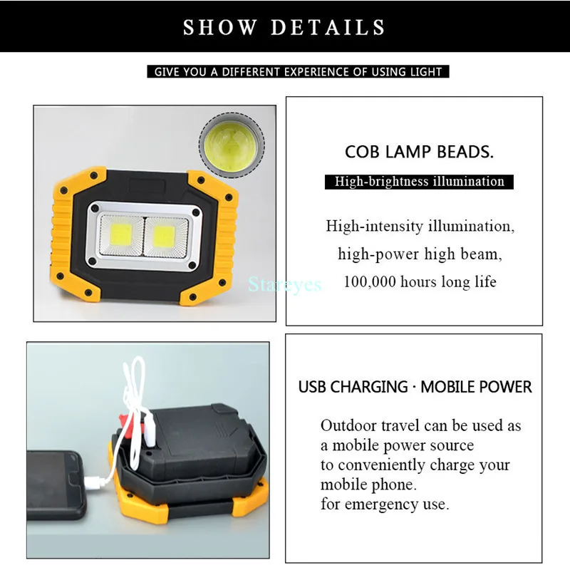 Portable COB LED Floodlight 20W Rechargeable Flood light Outdoor lamp lighting flashlight torch optional purchase 18650 battery