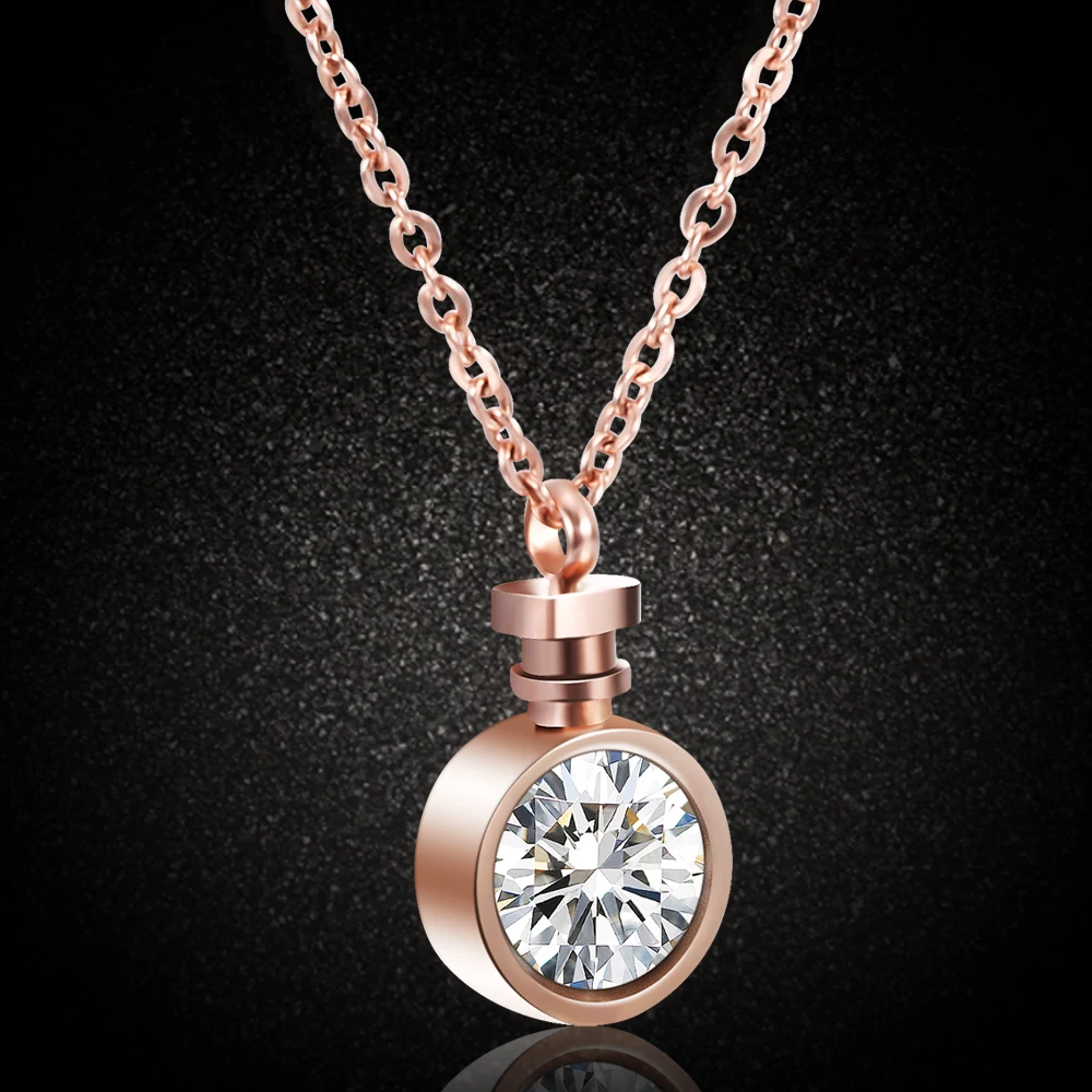 Japanese And Korean Fresh Style AAA Cubic Zirconia Perfume Bottle Shape Rose Gold Color 316L Stainless Steel Necklace For Gift