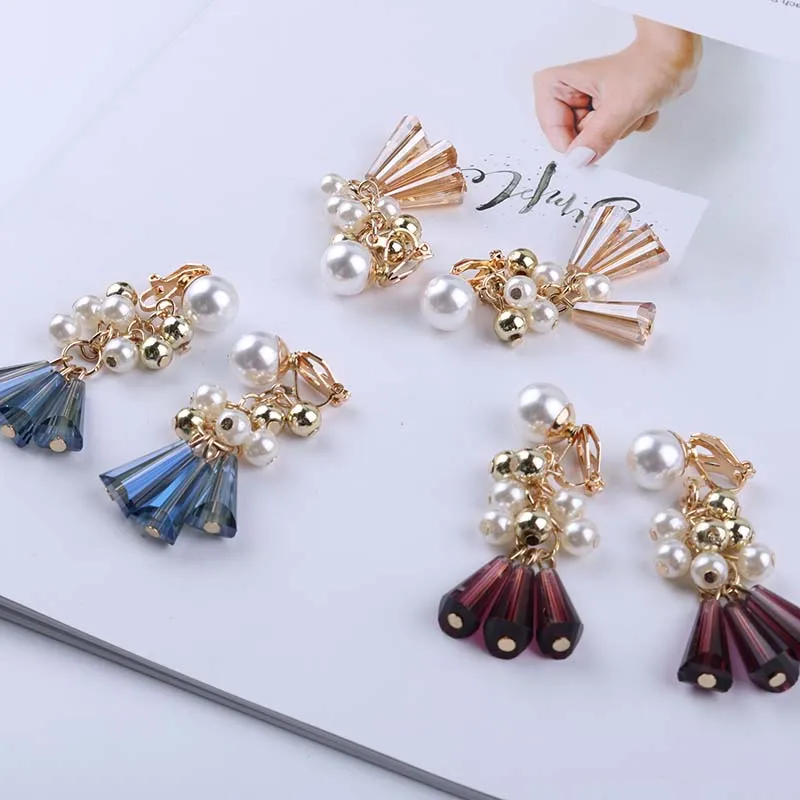 Bohemian Vintage Simulated Pearl Crystal Stone Unique Aretes Clip on Earrings for Women Without Piercing Elegant Wedding Party