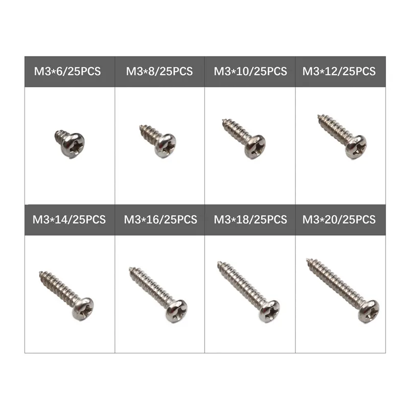 200Pcs M3*6/8/10/12/14/16/18/20 Pan Head Self Tapping Screw Round Head Phillips Truss Mushroom screws Assortment Kits