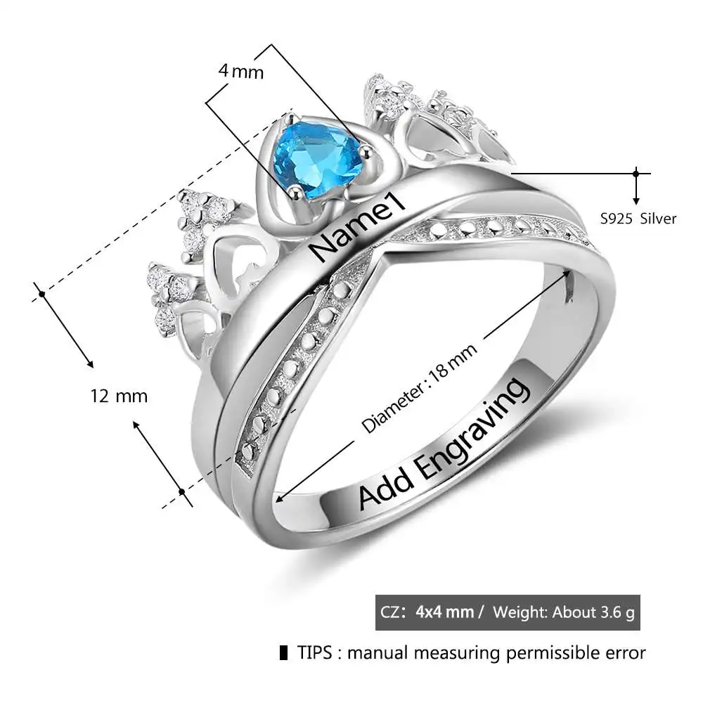 Heart Crown Birthstone Ring 925 Sterling Silver Wedding Rings Engrave Name Anniversary Personalise Gift (JewelOra RI102880)