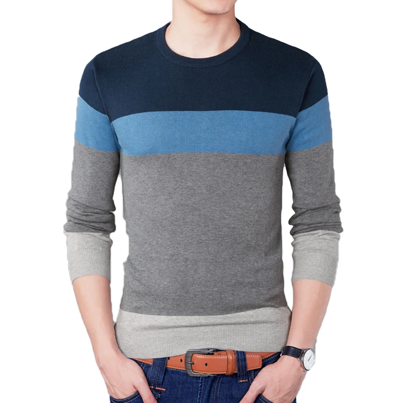 Suéter informal de marca de moda para hombre, Jersey ajustado a rayas con cuello redondo, prendas de punto de Color de contraste, Otoño, 2024