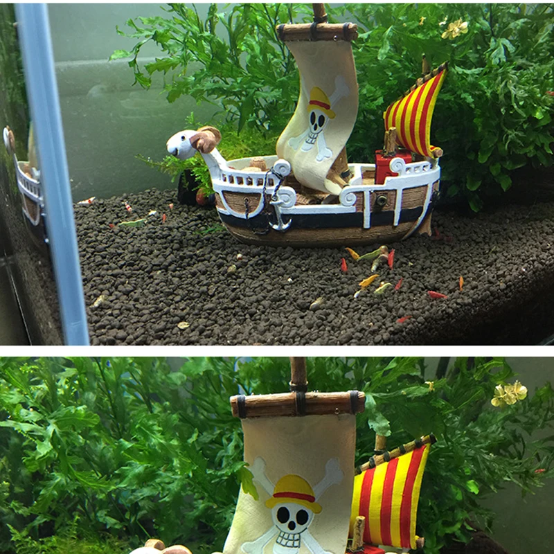 Cartoon Pirate King Melly Ship Landscape Aquarium Decor Resin Shipwreck Fish Tank Ornament For Fish Hide Reptiles Box Statue