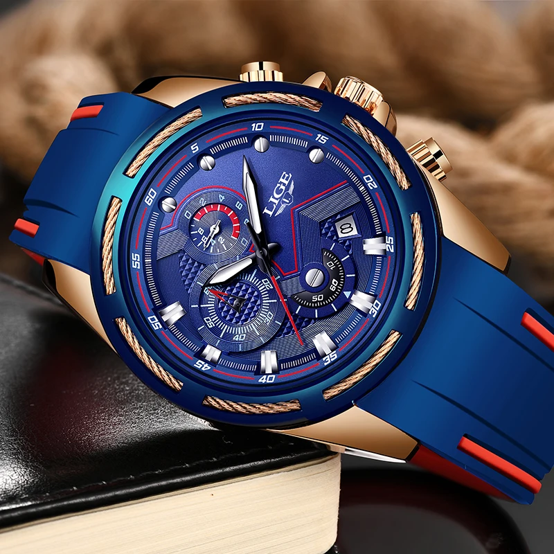 LIGE New Men Watches Top Brand Luxury Blue Silicone Strap Waterproof Watch Sport Chronograph Quartz WristWatch Relogio Masculino