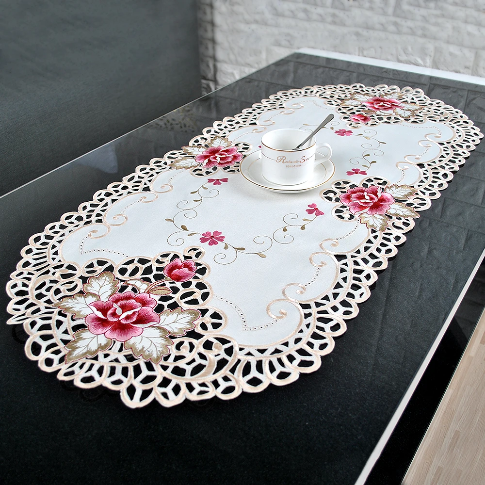 RAYUAN Vintage Embroidered Rose Cutwork Tablecloths Oval Table Cover Table Cloth Wedding Party Decor 40x85CM