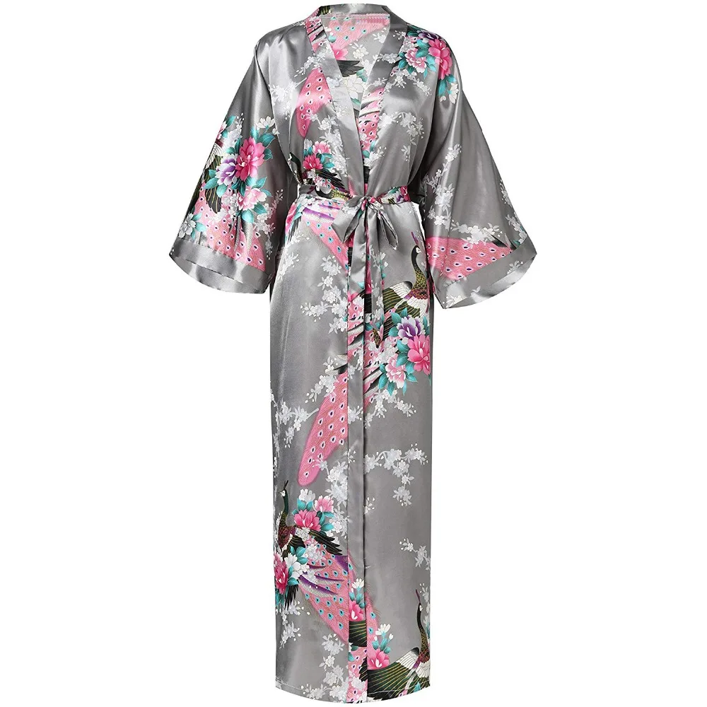 Classic Chinese Female Evening Robes Print Peacock Nightwear Kimono Robe Bath Gowns Sexy Satin Long Robe Plus Size Home Dress