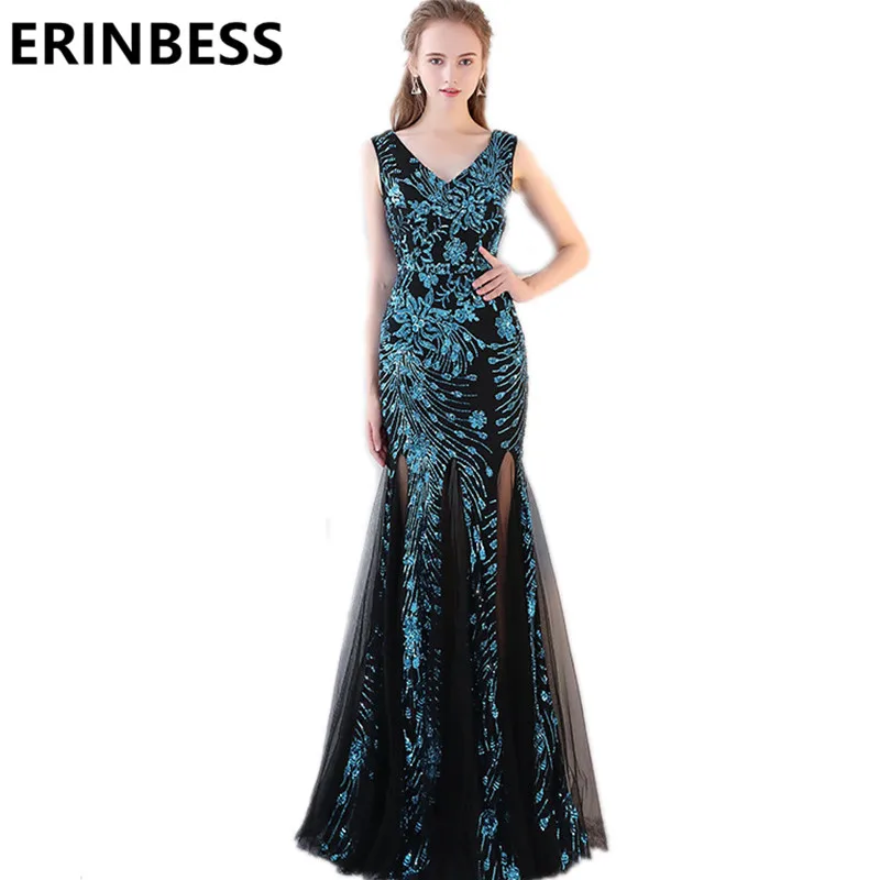 

2019 Mermaid Evening Dress Sequined Formal Gown Robe de Soiree Sexy V-neck Mermaid Evening Dresses Side Slit Vestido De Festa