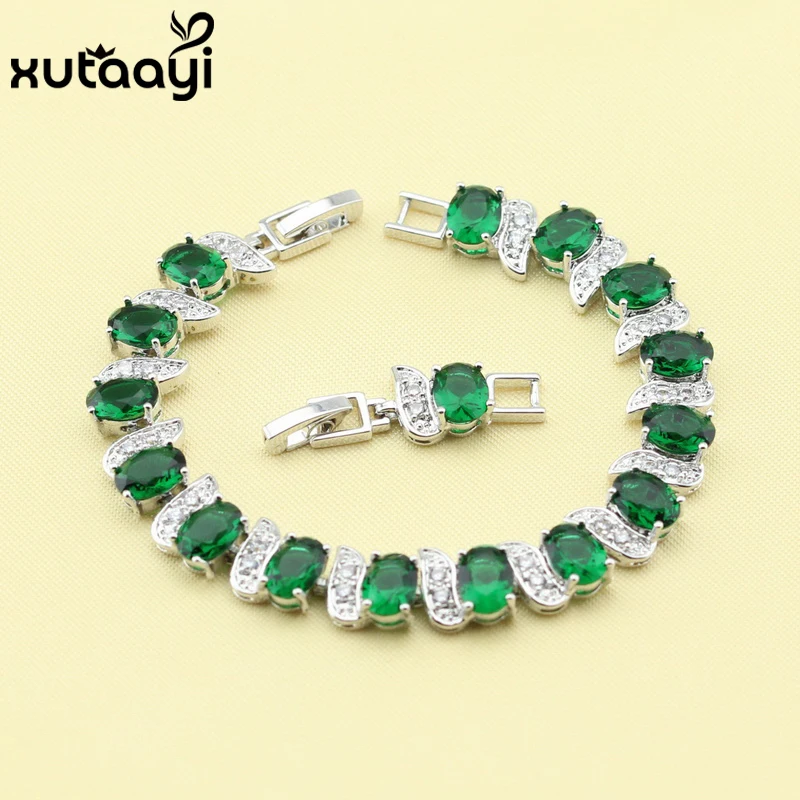 Hot Sell Fashion Silver Color Jewelry Green Imitated Emerald White Austrian Crystal Chain-Link Bracelet length 18+2cm For Women