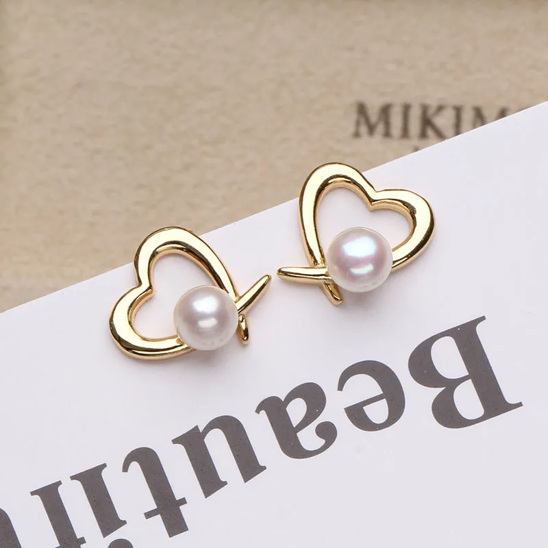 

Sinya Pure Real Au750 18k Gold Heart Design Natural Round Pearls Stud Earring Fine Jewelry for Lover Women Girl Best Gift