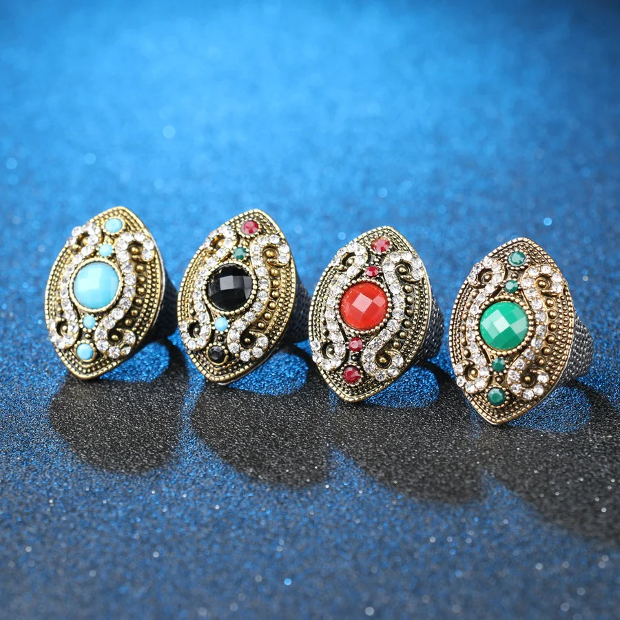 2018 Fashion Colour Makeup Vintage Ring For Women Silver Plated Mosaic Crystal Horse Eye Turkish Jewelry