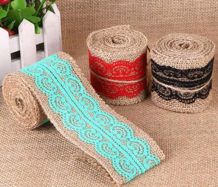 (W x L)6cm x 2M/Roll 16pcs/Lot Rustic Wedding Gift Decors Natural Hessian Burlap Ribbon with White Lace Jute Roll